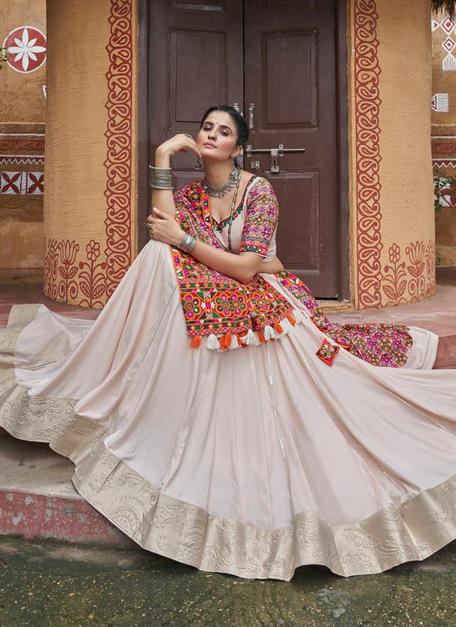 Viscose Rayon Beige Navratri Wear Mirror Work Lehenga Choli